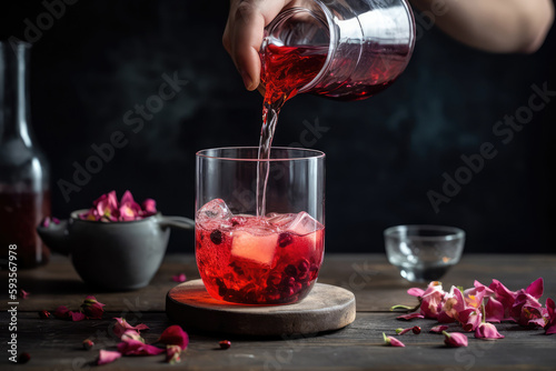 Person Pouring Hibiscus Tea Into Cup. Generative AI