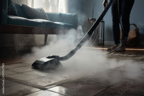 Person Washing Carpet With Steam Cleaner. Generative AI