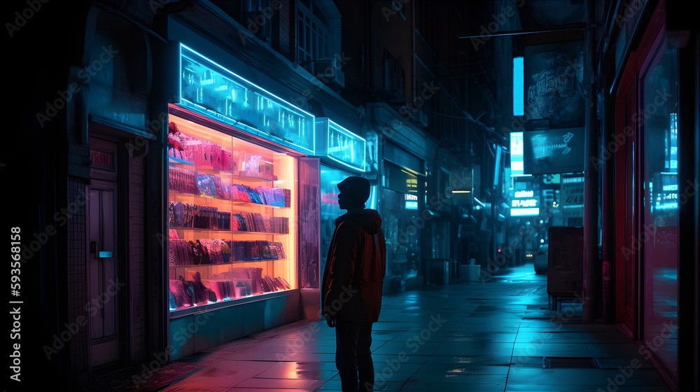 Neon city and man. Generative AI