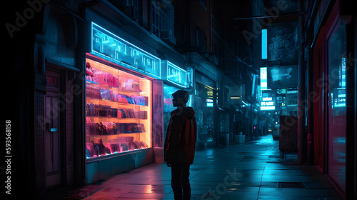 Neon city and man. Generative AI