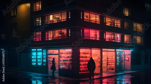 Evening city illuminated by bright neon lights. Generative AI