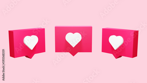 Pink social media like notification icons with 3D white hearts floating