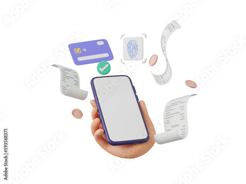 3D cartoon hand holding smartphone with bill payment, business finance and online shopping concept or privacy security and encryption system, 3D render illustration