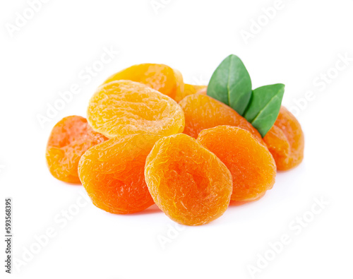 Dry apricots with leaves on white backgrounds.