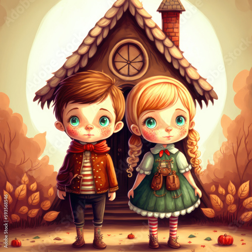Hansel and Gretel. Fairy tale for kid's. Cartoon. Generative AI