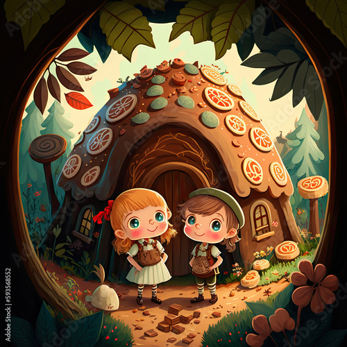 Hansel and Gretel in front of the candy house in the forest. Cartoon style. Siblings. Generative AI photo