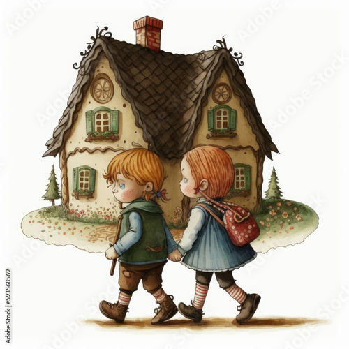 Children's story of the fairy tale Hansel and Gretel. Brother and Sister leaving their parent's home. Pencil sketch. Generative AI