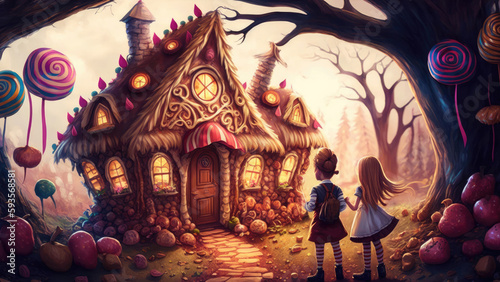 Illustration of the fairy tale Hansel and Gretel. The children's arrives at the gingerbread house. Fantasy Painting. Generative AI