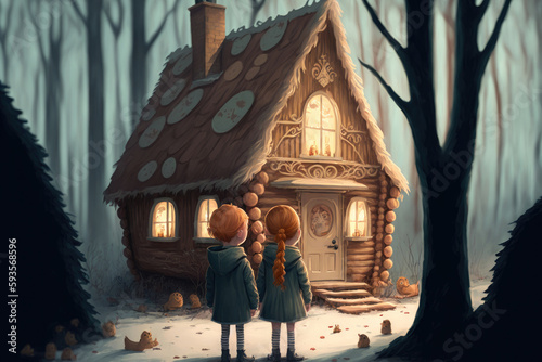 Illustration of the fairy tale Hansel and Gretel. Children's in front of a gingerbread house. Rear View. Generative AI