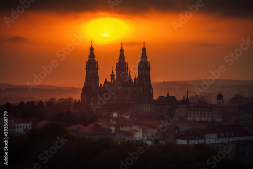 Sunset at the Cathedral of Santiago de Compostela. Generative AI
