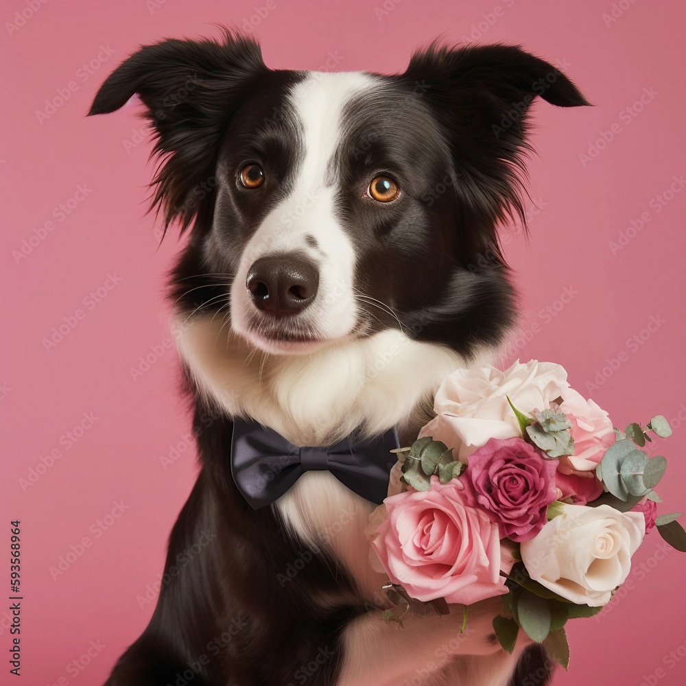 Fototapeta premium ボーダーコリーと薔薇の花 | border collie and rose flower Generative AI