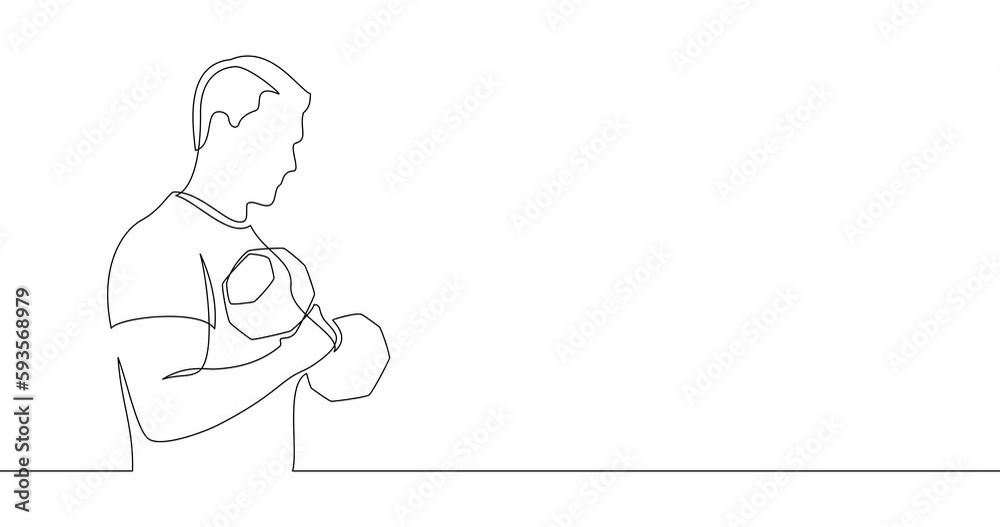 Animation of an image drawn with a continuous line. The man performs an exercise with a dumbbell. Athlete trains. Animation of an image drawn with a continuous line. The man performs an exercise with a dumbbell. Athlete trains.