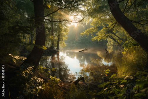 Lake in a forest. Generative AI © Andrii 