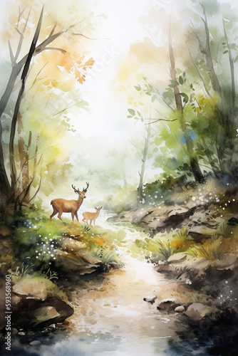 Gentle Encounter: A Watercolor Painting of a Deer by a River in a Forest © artefacti