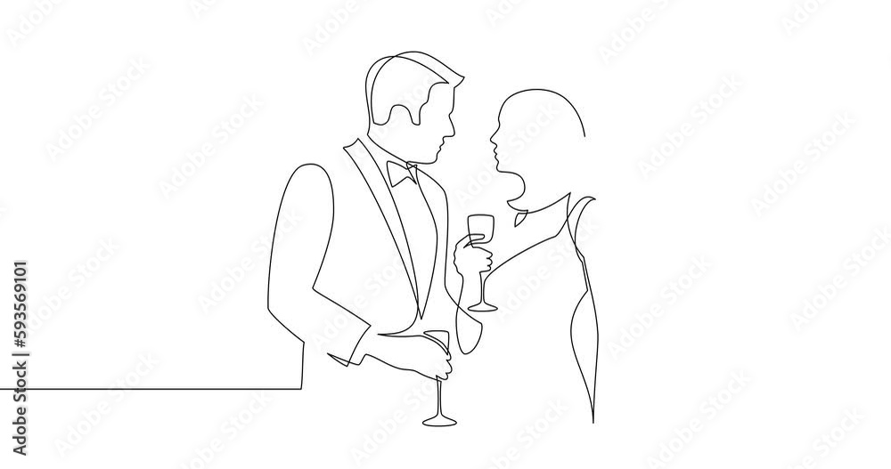 Animation of an image drawn with a continuous line. Man and woman standing with glasses of wine. Scene at a wedding, party, or restaurant. Animation of an image drawn with a continuous line. Man and woman standing with glasses of wine. Scene at a wedding, party, or restaurant.