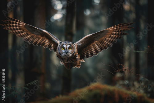 The Eurasian eagle-owl flying in the forest in the mountains. Generative AI