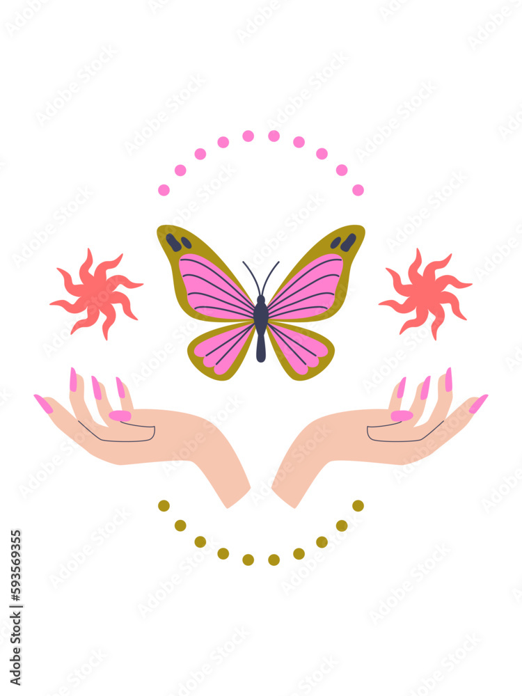 Magic hands with butterfly and stars. Mystic and esoteric vector illustration art. 70s retro vintage. Nostalgia concept. Wall art print, poster, card, graphic tee Magic hands with butterfly and stars. Mystic and esoteric vector illustration art. 70s retro vintage. Nostalgia concept. Wall art print, poster, card, graphic tee