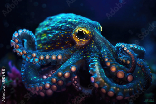 Colorful bioluminescent neon octopus, close-up. Generative AI © Andrii 