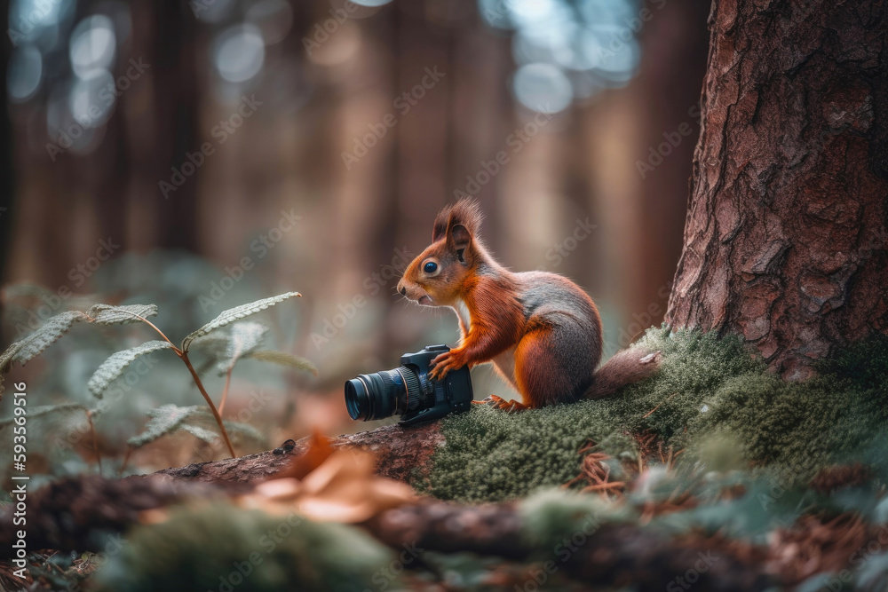 Red squirrel with a film camera. Generative AI