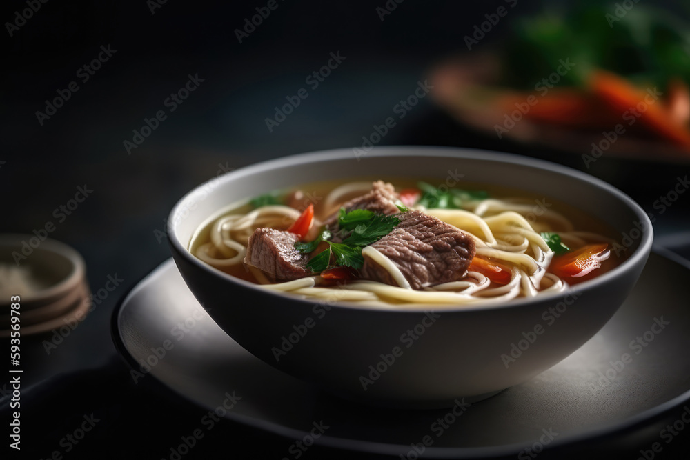 Beef Noodle Soup On White Plate, Top View. Generative AI Beef Noodle Soup On White Plate, Top View. Generative AI