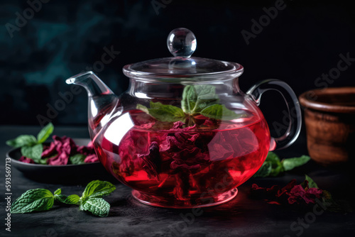 Teapot With Hibiscus Tea And Fresh Mint Leaves. Generative AI