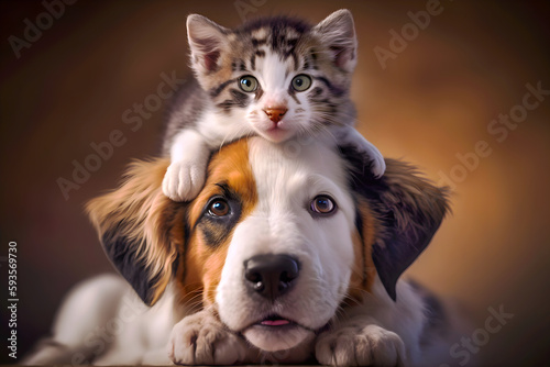 Mixed breed dog and cat friends portrait, Adorable kitten and dog together in studio on a brown background, digital art, ai generated