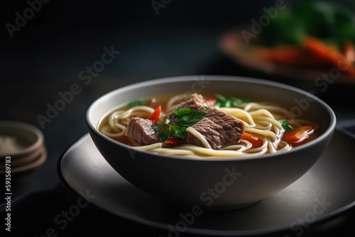 Beef Noodle Soup On White Plate, Top View. Generative AI