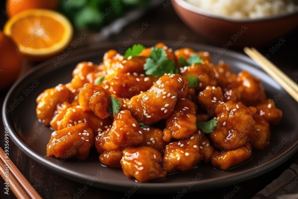 Orange Chicken On Black Plate. Generative AI Orange Chicken On Black Plate. Generative AI