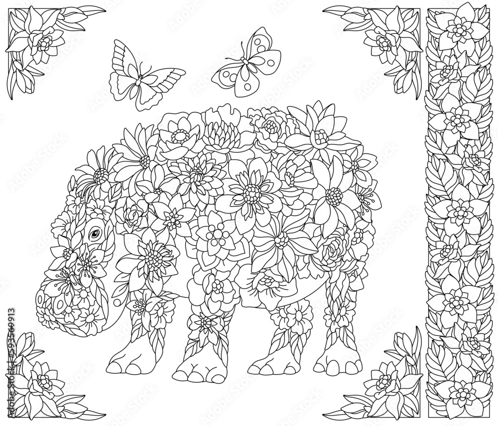 Fototapeta premium Floral hippo. Adult coloring book page with fantasy animal and flower elements.