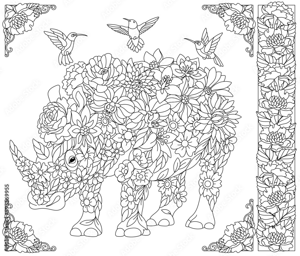 Obraz premium Floral rhino. Adult coloring book page with fantasy animal and flower elements.