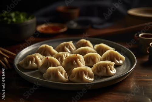 Jiaozi Dumplings On Plate. Generative AI
