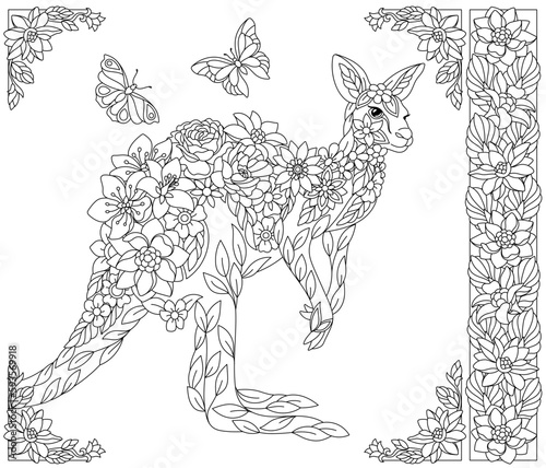 Floral kangaroo. Adult coloring book page with fantasy animal and flower elements.