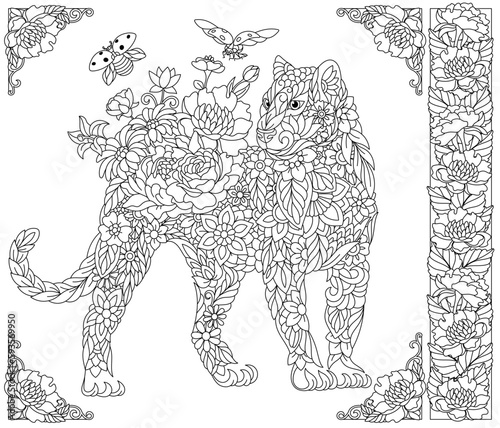 Floral panther. Adult coloring book page with fantasy animal and flower elements.