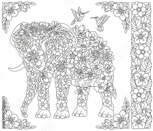 Fototapeta Naklejka Na Ścianę i Meble -  Floral elephant. Adult coloring book page with fantasy animal and flower elements.