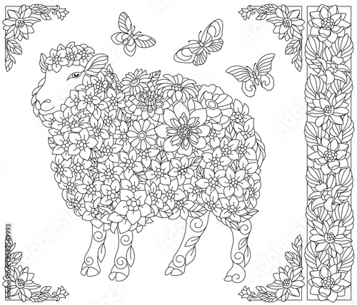 Floral sheep. Adult coloring book page with fantasy animal and flower elements.
