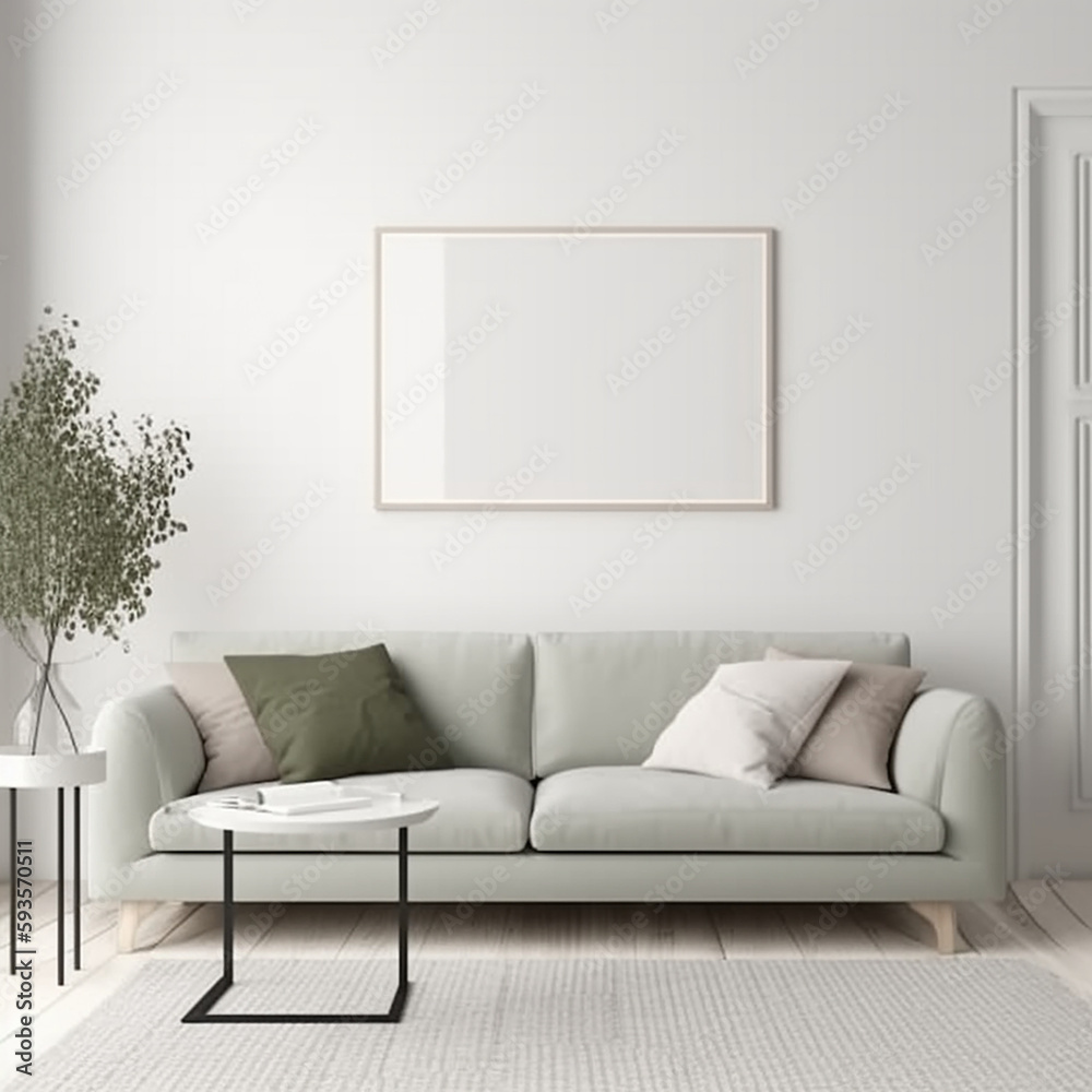 Mockup Rahmen im Hintergrund des skandinavischen Wohnzimmers, generative AI Mockup Rahmen im Hintergrund des skandinavischen Wohnzimmers, generative AI