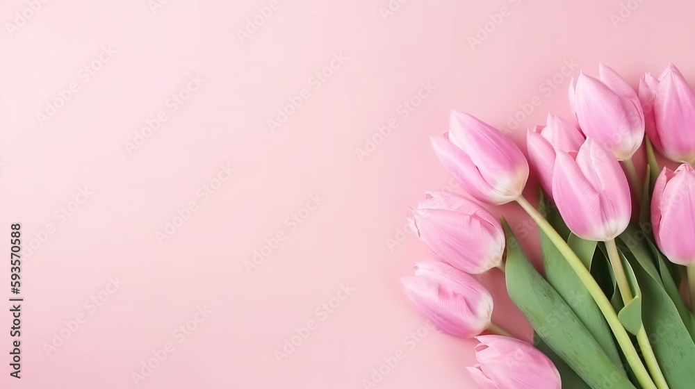 Beautiful Minimalist Pink-Themed Spring Background with a Composition of Tulips Flowers, with Licensed Generative AI Technology Assistance