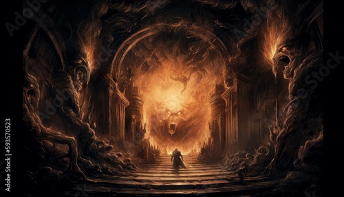 Obraz na plátně Portal to hell, featuring a terrifying gateway with fiery flames, smoke, and demonic creatures