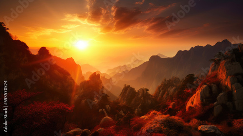 Moody dramatic mountain sunset landscape. Generative AI