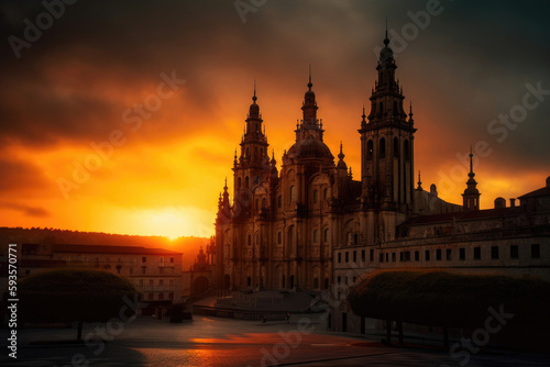 Leinwand Poster Panorama of Santiago de Compostela. Generative AI