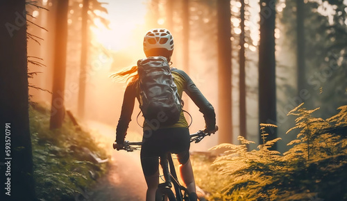 Mountain biking woman riding on bike in summer mountains forest landscape, AI generative © Onchira