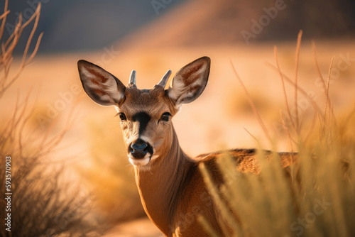 Wild deer standing in desert. Generative AI