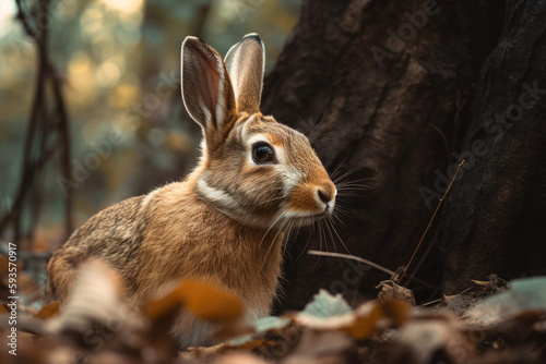 A wild orange Rabbit/bunny with big ears in a forest. Generative AI