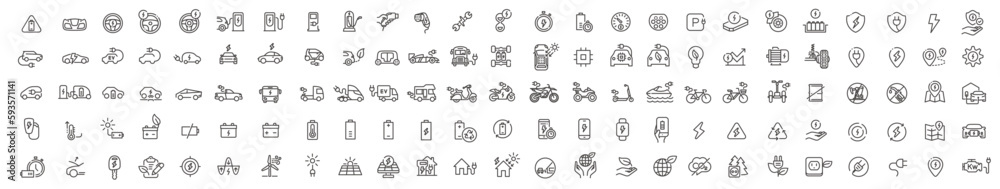 This vector icon pack includes high-quality icons of modern and sleek electric vehicles, such as cars, bikes, buses, and trucks. Crafted with minimalist lines, these icons are perfect for presentation This vector icon pack includes high-quality icons of modern and sleek electric vehicles, such as cars, bikes, buses, and trucks. Crafted with minimalist lines, these icons are perfect for presentation