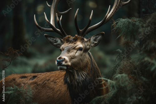 Red deer stag in Lush green fairytale growth concept forest landscape. Generative AI