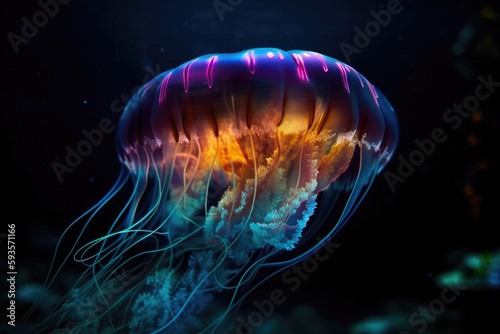 Colorful bioluminescent neon jellyfish. Generative AI