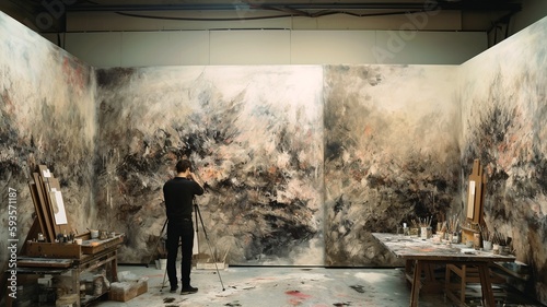 artist with a huge painting in his studio generative ai