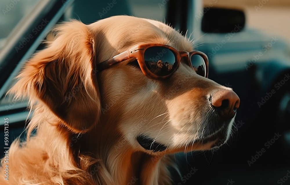 Beautiful golden retriever with vintage sunglasses. Driving a vintage