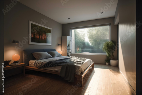 Elegant room interior with large comfortable bed. Generative AI © AIproduction