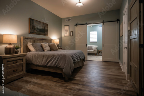 Modern minimal bedroom. Generative AI © AIproduction